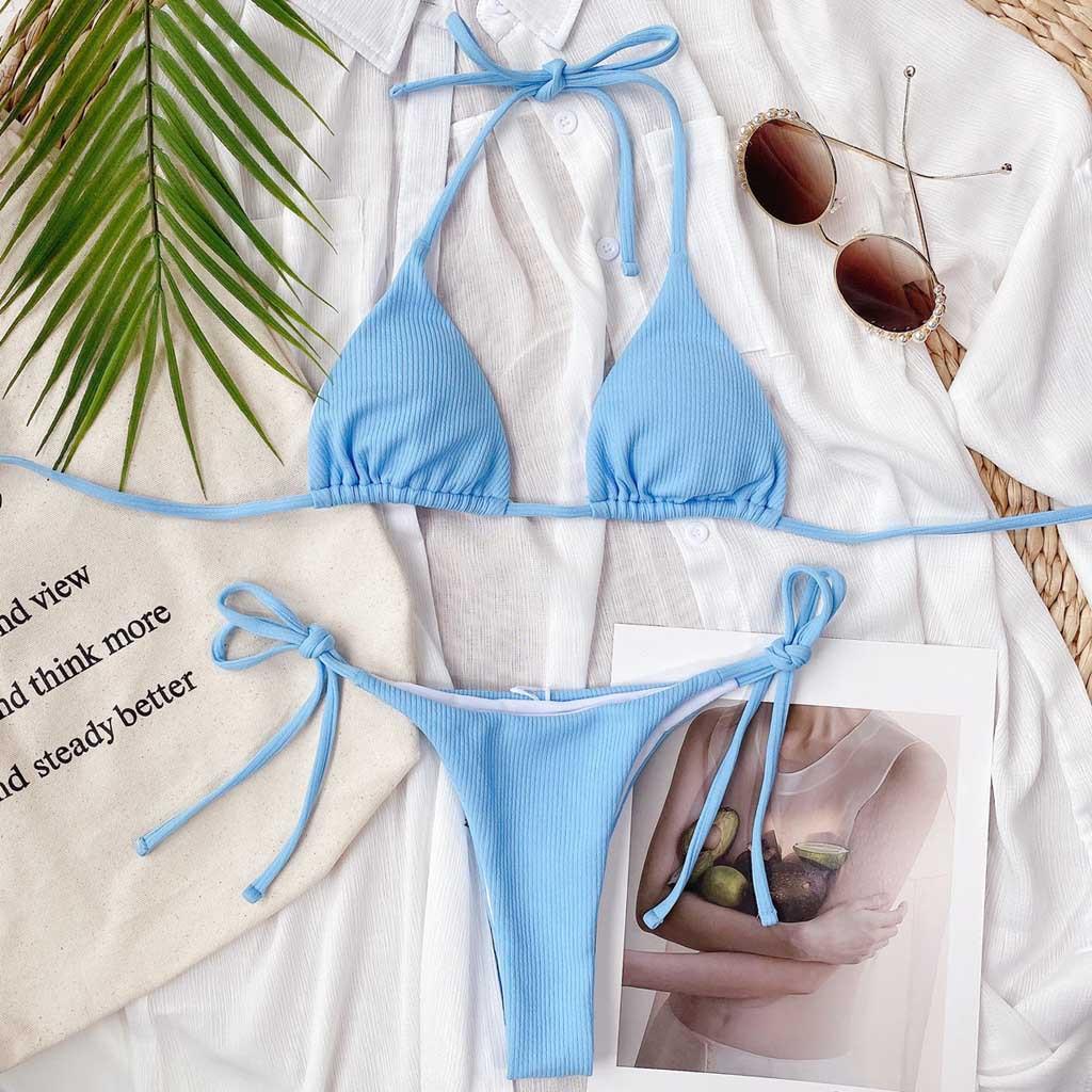 Kadın Seksi Katı Halter Bikini Seti Şınav Pad Mayo Mayo Plaj Giyim