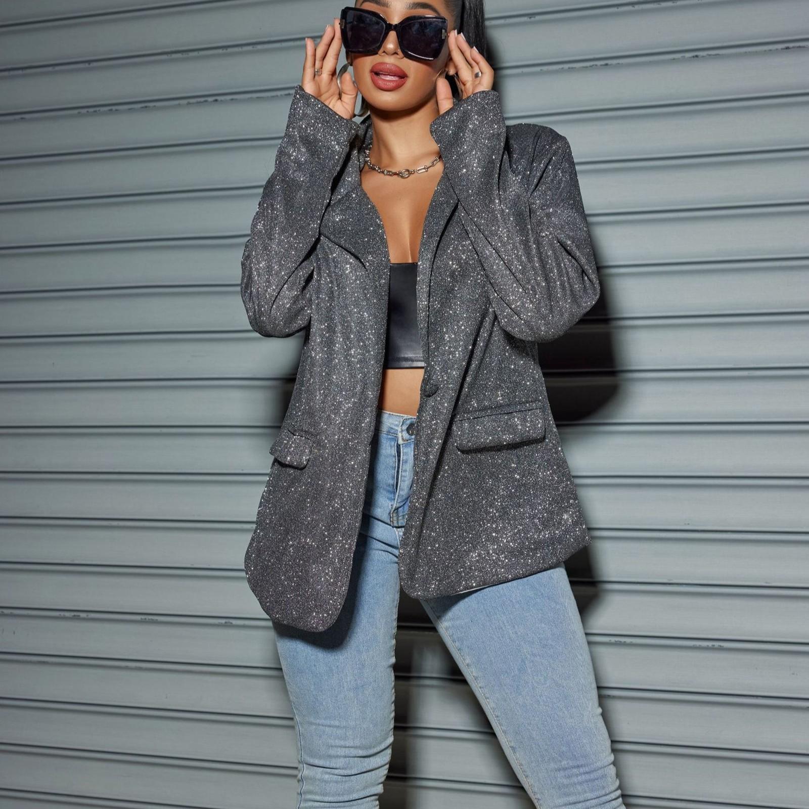 Женский модный кардиган с лацканами и длинным рукавом, яркий блестящий повседневный пиджак XL