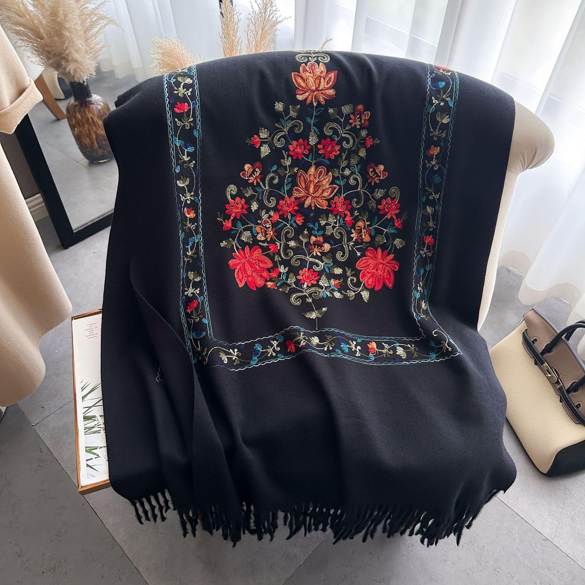 Осень и зима Этнический стиль Растения и цветы Ретро Литературная мода Атмосферная вышивка Женский теплый шарф шаль 185-65cm