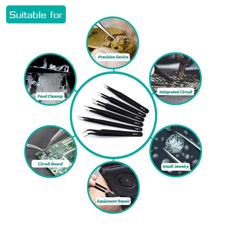 6Pcs Precision Tweezers ESD Stainless Steel Antistatic Industrial Electronic Components Maintenance and Antistatic Pincet 6Pcs
6Pcs Precision Tweezers ESD Stainless Steel Antistatic Industrial Electronic Components Maintenance and Antistatic Pincet 6Pcs