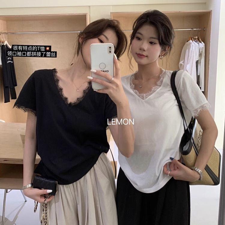 Summer new French temperament lace v-neck front shoulder short-sleeved t-shirt women s design small loose top 2XL чорний
Summer new French temperament lace v-neck front shoulder short-sleeved t-shirt women s design small loose top 2XL чорний