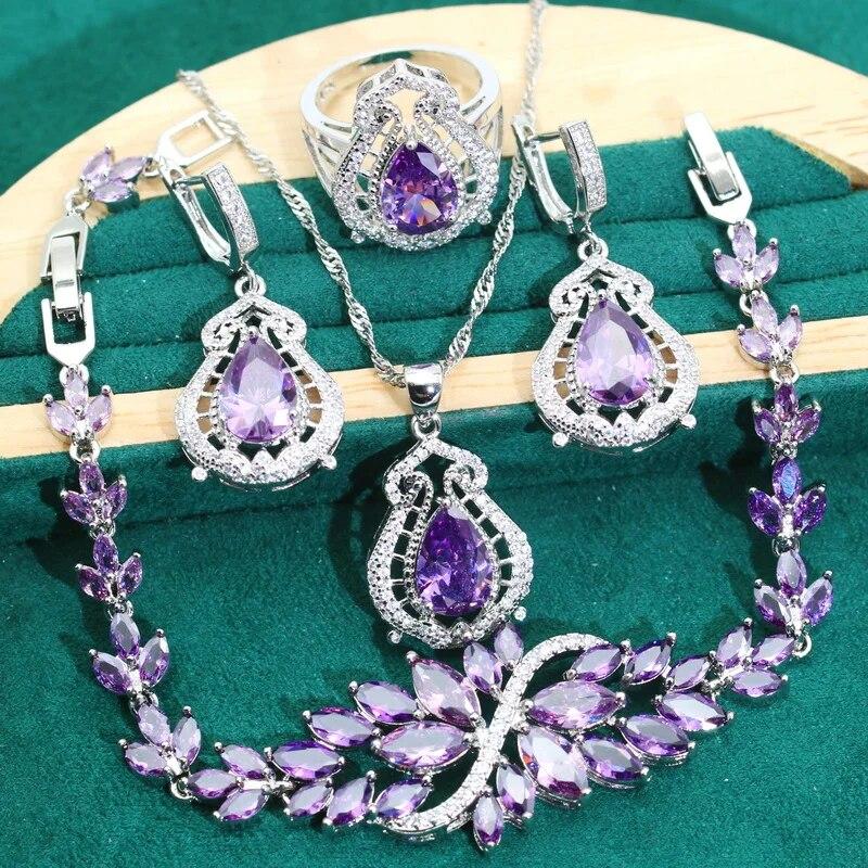 Dubai 4-Color Luxury Wedding Silver 925 Jewelry Sets Women Purple Zircon Earrings Pendant Ring Bracelet Necklace Date Gift
Dubai 4-Color Luxury Wedding Silver 925 Jewelry Sets Women Purple Zircon Earrings Pendant Ring Bracelet Necklace Date Gift