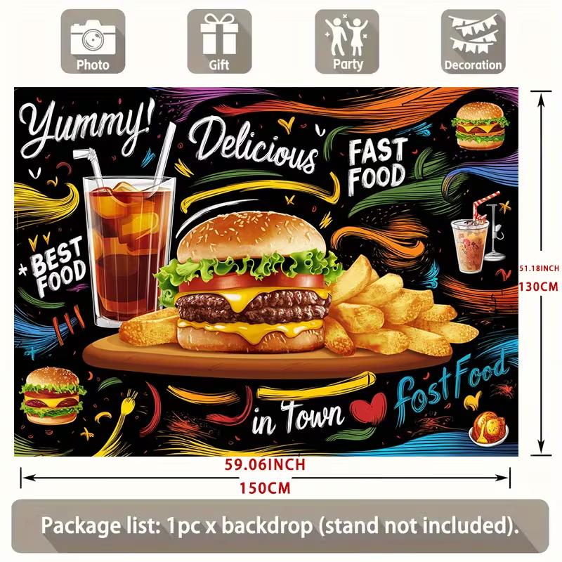 Kids Birthday Fast Food Backdrop Burger Fries Drink Wall Decor 47.2x31.5inch/120*80cm
Kids Birthday Fast Food Backdrop Burger Fries Drink Wall Decor 47.2x31.5inch/120*80cm