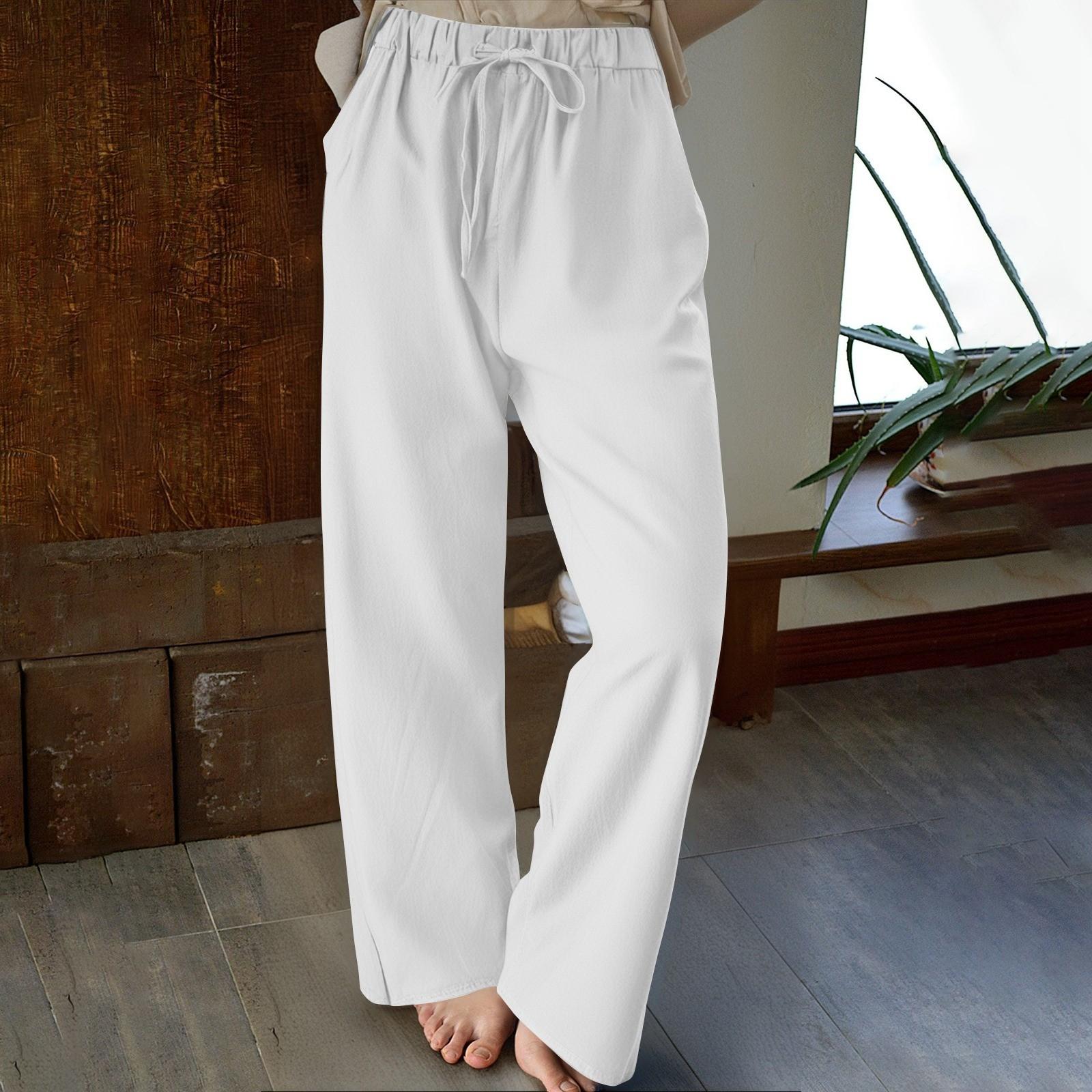 Женские повседневные хлопковые и льняные однотонные длинные прямые брюки с эластичной резинкой на талии XL белый