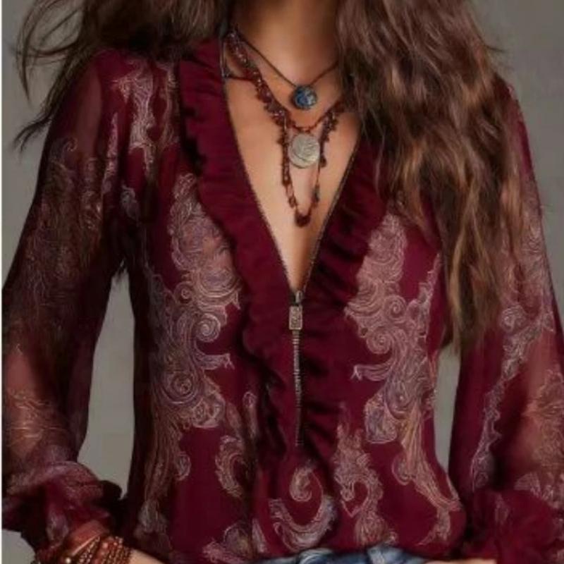 Women s Sexy Blouse Tops Ruffled Zipper V-neck Sheer Long Sleeve Paisley Print Shirt Elegant Chiffon Boho Styles Chic Tops S червоний
Women s Sexy Blouse Tops Ruffled Zipper V-neck Sheer Long Sleeve Paisley Print Shirt Elegant Chiffon Boho Styles Chic Tops S червоний