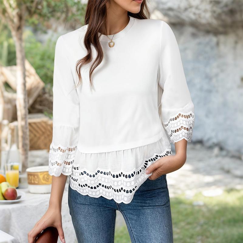 ZANZEA Женская повседневная блузка с круглым вырезом, свободная, с кружевной вставкой, рукав 3/4 белый
ZANZEA Женская повседневная блузка с круглым вырезом, свободная, с кружевной вставкой, рукав 3/4 белый