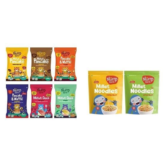 Slurrp Farm Healthy Breakfast and Snacks Trial Pack Combo, 300g (Pack of 6, 50g each) & Slurrp Farm No Maida Millet Noodles | Pack of 2-192g Each 300GM
Slurrp Farm Healthy Breakfast and Snacks Trial Pack Combo, 300g (Pack of 6, 50g each) & Slurrp Farm No Maida Millet Noodles | Pack of 2-192g Each 300GM