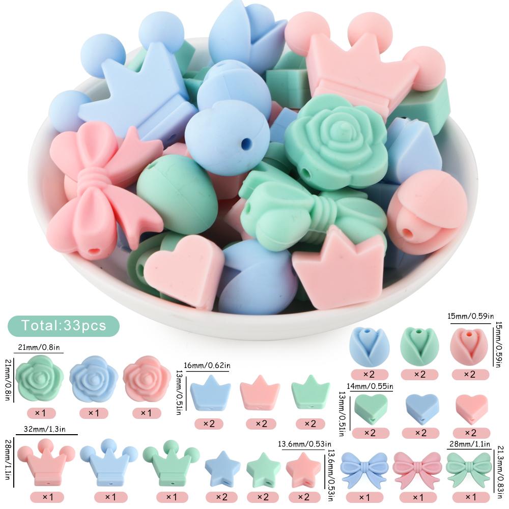 33Pcs/set Mini Silicone Beads Crown Bow Flower Bead Food Grade DIY Bracelet Necklace Keychain Jewelry Handmade Accessories
33Pcs/set Mini Silicone Beads Crown Bow Flower Bead Food Grade DIY Bracelet Necklace Keychain Jewelry Handmade Accessories