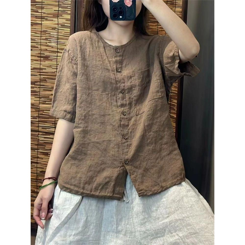 Cotton and Linen Short-sleeved Round Neck Shirt Women s Summer Retro Literary Loose All-match Cardigan Top 3XL хакі
Cotton and Linen Short-sleeved Round Neck Shirt Women s Summer Retro Literary Loose All-match Cardigan Top 3XL хакі