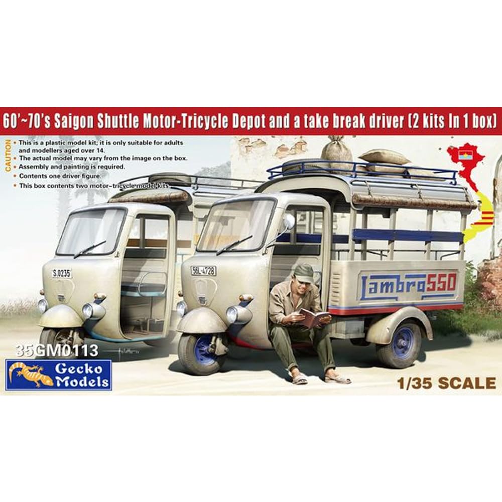 Gecko Models Saigon Lambro 550 Shuttle Taking a Rest Set 1 Фигурка Пластиковая модель GEC35GM0113 1/35 Трехколесный велосипед/Водитель 1960-70-е годы 2-машина
Gecko Models Saigon Lambro 550 Shuttle Taking a Rest Set 1 Фигурка Пластиковая модель GEC35GM0113 1/35 Трехколесный велосипед/Водитель 1960-70-е годы 2-машина