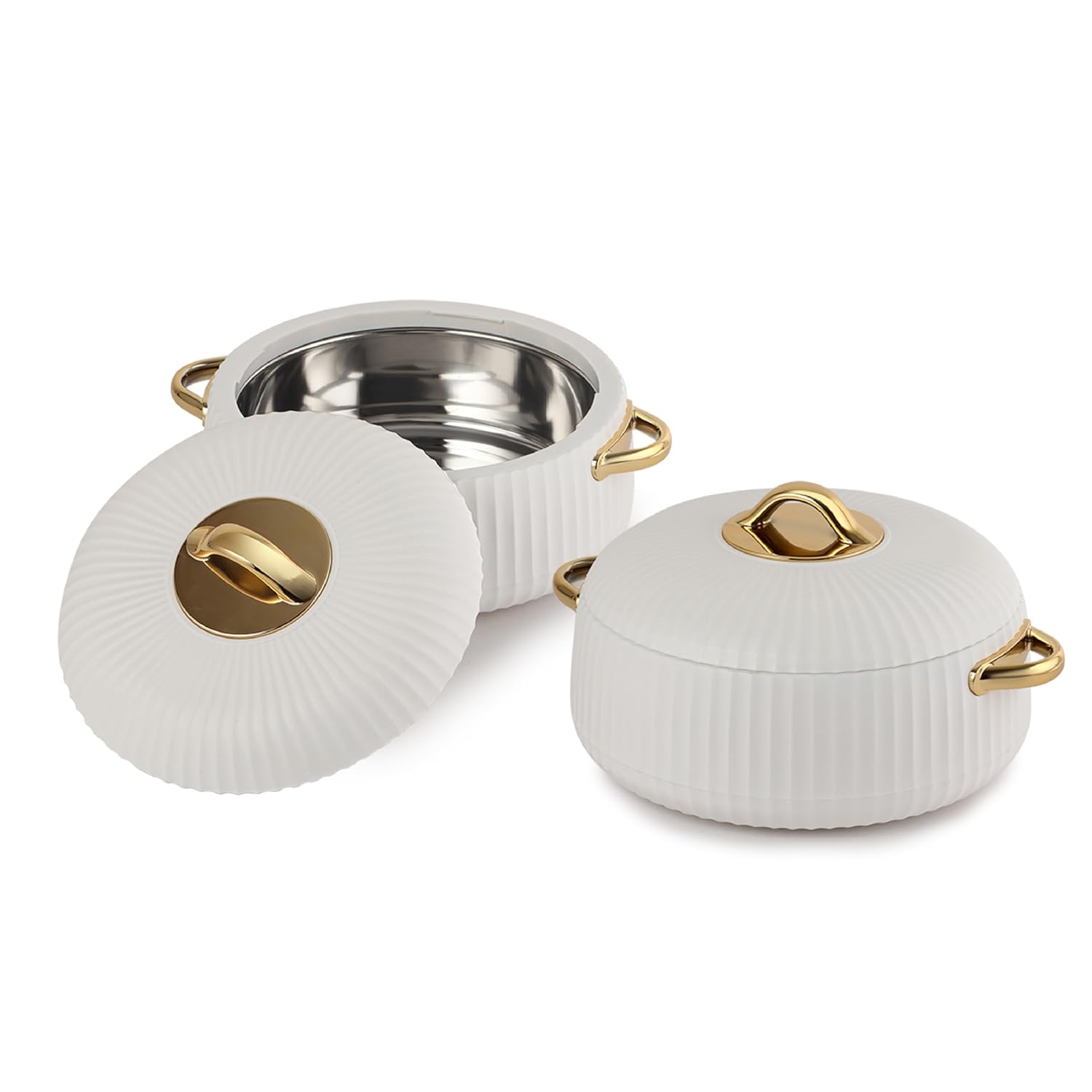 Изолированный набор кастрюль из 2 штук для хранения горячей пищи с удобными ручками и элегантным белым дизайном