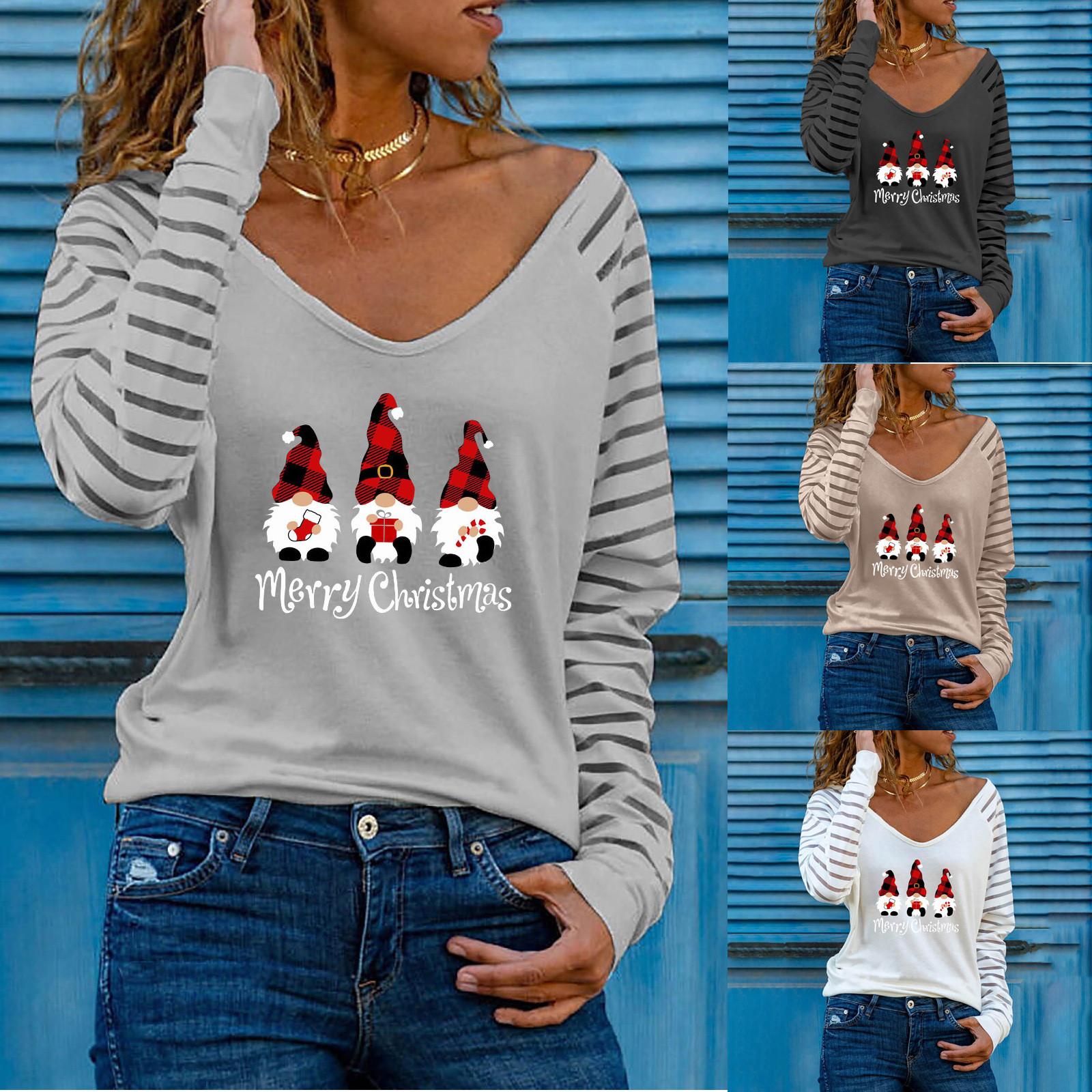Женская мода, повседневная футболка с рождественским принтом и вышивкой в полоску, с длинными рукавами и v-образным вырезом, топ
Женская мода, повседневная футболка с рождественским принтом и вышивкой в полоску, с длинными рукавами и v-образным вырезом, топ
