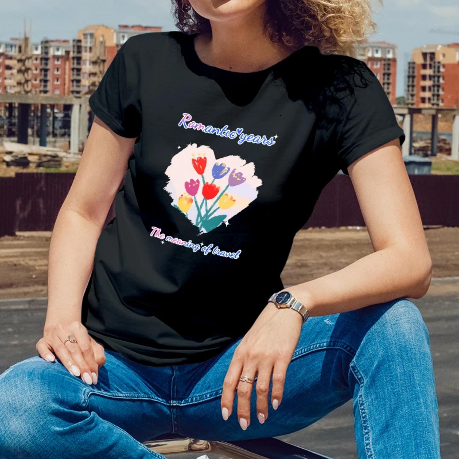 Summer Womens Short Sleeve CottonTShirt Heartshaped Tulip Print for Outdoor Summer Evenings Young Women with a Romantic Style S
Summer Womens Short Sleeve CottonTShirt Heartshaped Tulip Print for Outdoor Summer Evenings Young Women with a Romantic Style S