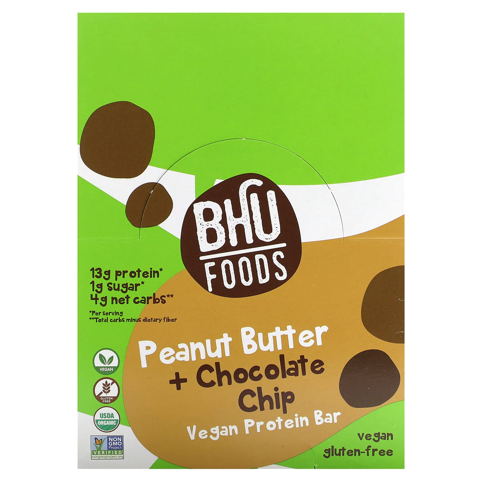 BHU Foods, Vegan Protein Bar, Peanut Butter + Chocolate Chip, 12 bars, 45 g (1.6 oz) each 
BHU Foods, Vegan Protein Bar, Peanut Butter + Chocolate Chip, 12 bars, 45 g (1.6 oz) each