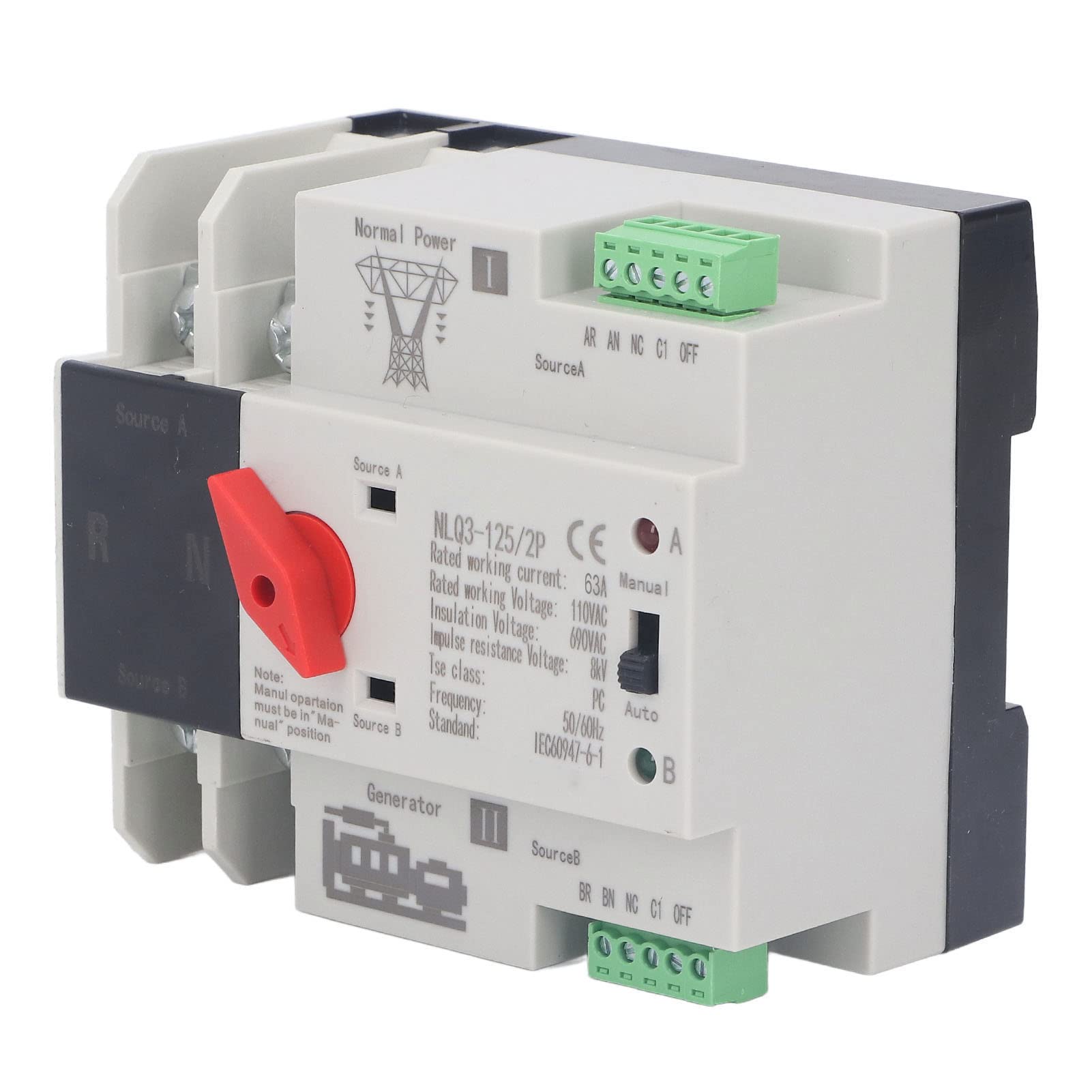Dual Power Automatic Transfer Switch 2P Generator Transfer Switch 50Hz 63A for Continuous Power - AC110V, 60Hz,
Dual Power Automatic Transfer Switch 2P Generator Transfer Switch 50Hz 63A for Continuous Power - AC110V, 60Hz,