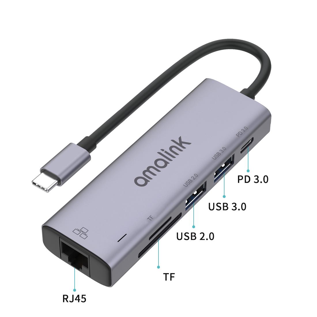 AMALINK AL-95122D 6 in 1 Type C Hub TF Card Reader USB 2.0+3.0 PD 3.0 RJ45 Adapter Up to 85W Power Delivery As Shown A
AMALINK AL-95122D 6 in 1 Type C Hub TF Card Reader USB 2.0+3.0 PD 3.0 RJ45 Adapter Up to 85W Power Delivery As Shown A