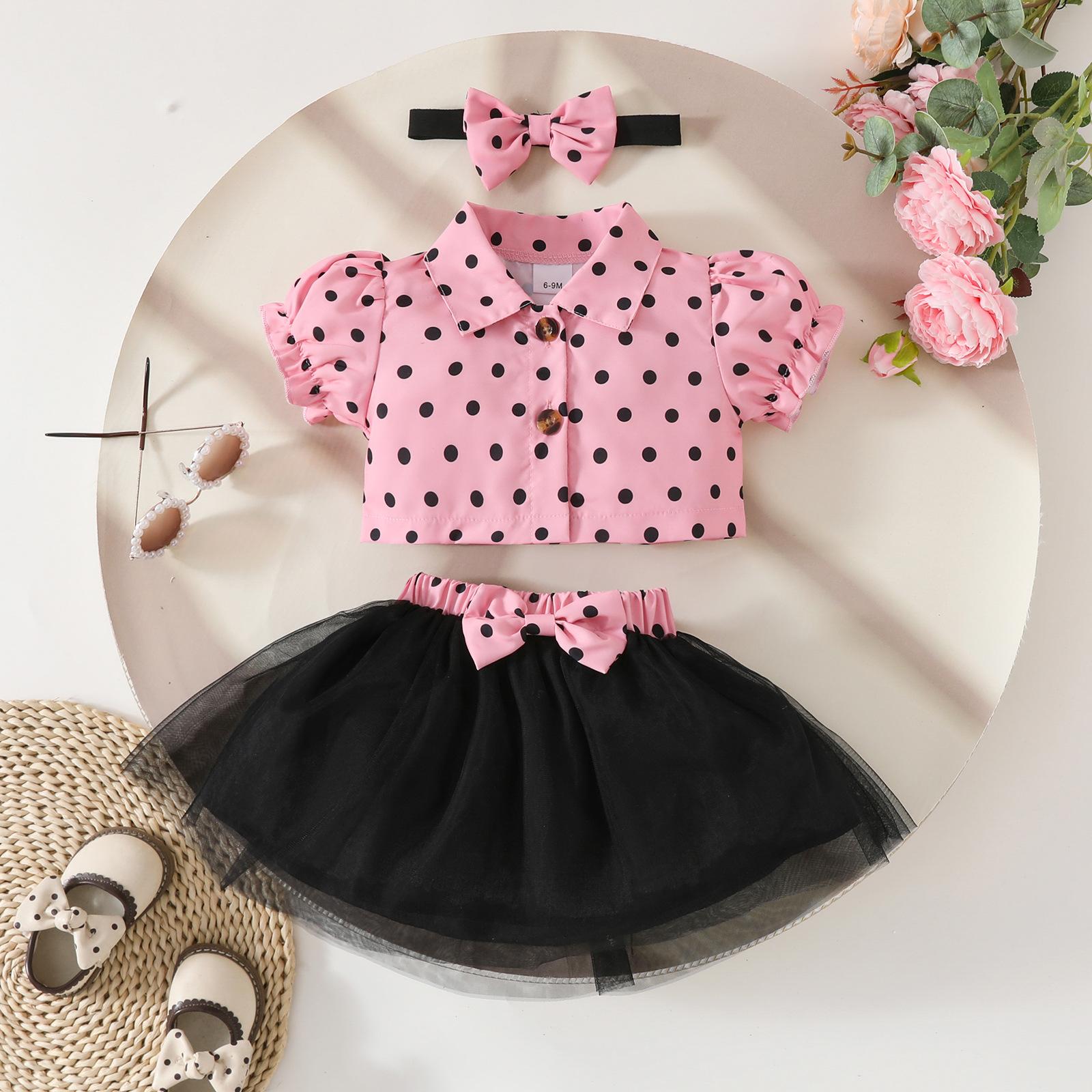 6M-3Y Девочки Куртка с короткими рукавами + Черная сетчатая юбка до середины тела + Завязка на голове Детский костюм с юбкой Короткая юбка для малышей 9-12M розовый