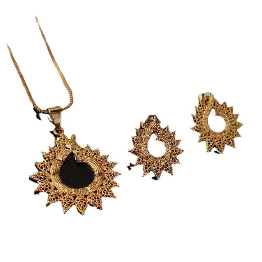 2-Piece Middle Eastern Sunflower Jewelry Set: Ethiopian Pendant Necklace & Earrings Gold 01 Piece
2-Piece Middle Eastern Sunflower Jewelry Set: Ethiopian Pendant Necklace & Earrings Gold 01 Piece