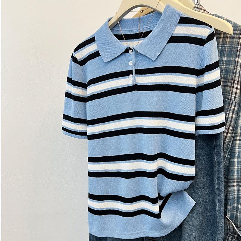 Summer Loose Striped T-shirt Women Short Sleeve Casual Simple Blouse Knitted Lapel Buttons Simple Elegant Fashion Tops Sweet Office Shirts One size синий
Summer Loose Striped T-shirt Women Short Sleeve Casual Simple Blouse Knitted Lapel Buttons Simple Elegant Fashion Tops Sweet Office Shirts One size синий