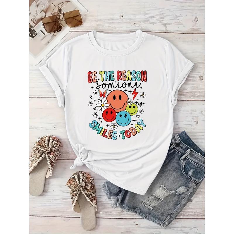 European Size Women s Casual Short Sleeve T-Shirt - Smile Creative Geometric Print with Be the Reason Someone Smiles Quote, Colorful Emoticons M білий
European Size Women s Casual Short Sleeve T-Shirt - Smile Creative Geometric Print with Be the Reason Someone Smiles Quote, Colorful Emoticons M білий