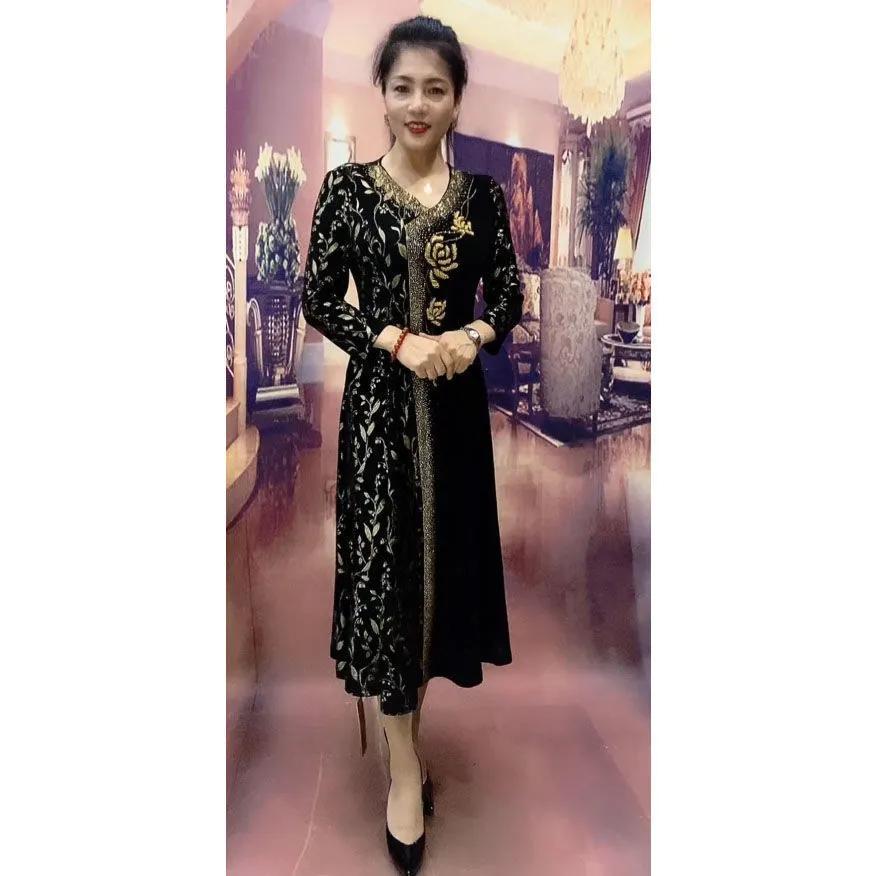 Женские весенне-осенние платья с V-образным вырезом, с принтом, элегантные, А-силуэта, с длинным рукавом, с цветочным узором, с ромбами, длинное платье S чёрный