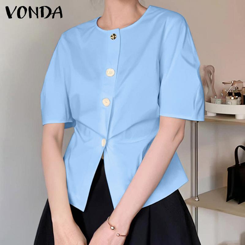 VONDA женская летняя рубашка с круглым вырезом и короткими рукавами и открытой планкой на пуговицах, однотонная рубашка с талией
VONDA женская летняя рубашка с круглым вырезом и короткими рукавами и открытой планкой на пуговицах, однотонная рубашка с талией