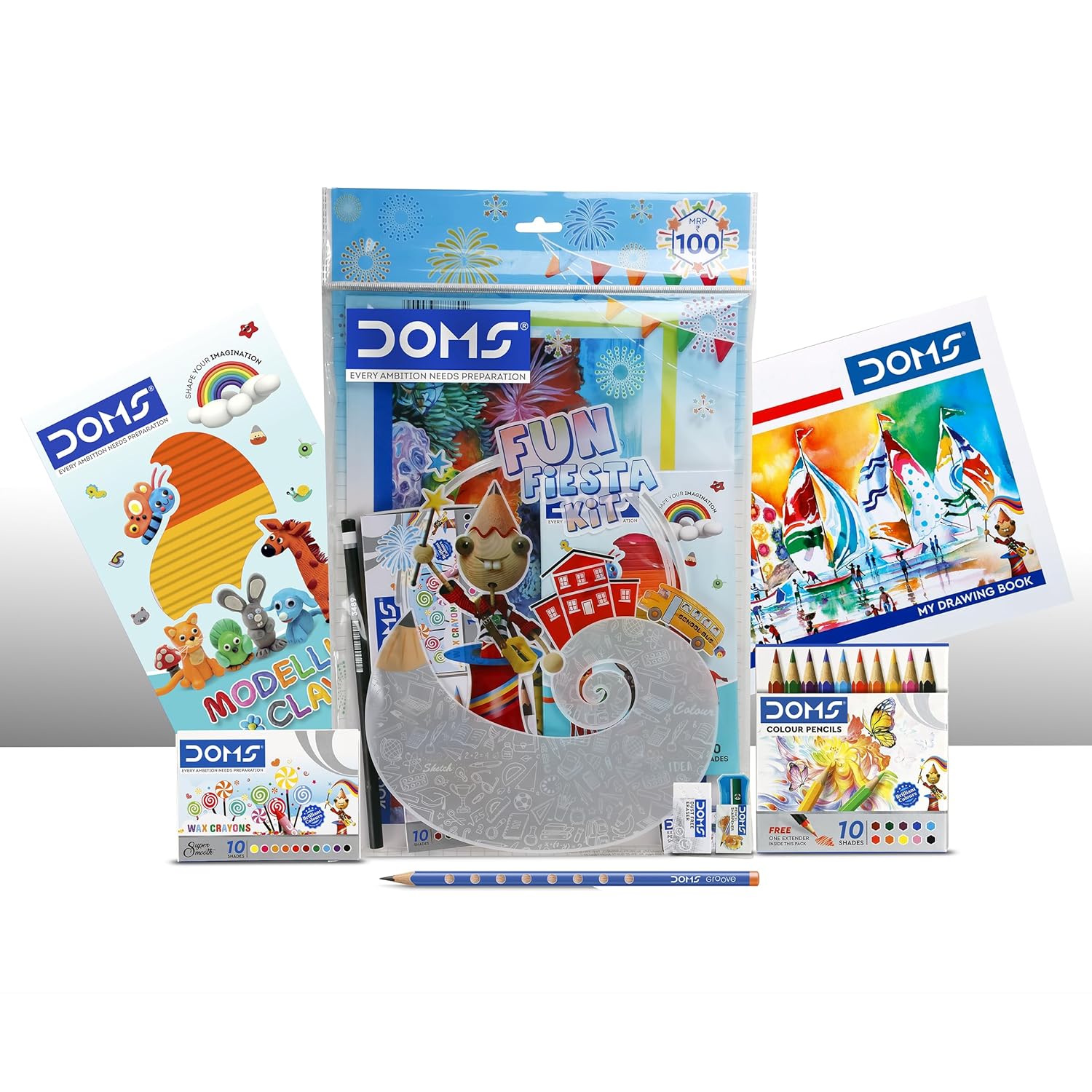 DOMS Fun Fiesta Art Kit for Kids Drawing Book Modeling Clay Wax Crayons Colour Pencil Set with Eraser and Sharpener
DOMS Fun Fiesta Art Kit for Kids Drawing Book Modeling Clay Wax Crayons Colour Pencil Set with Eraser and Sharpener