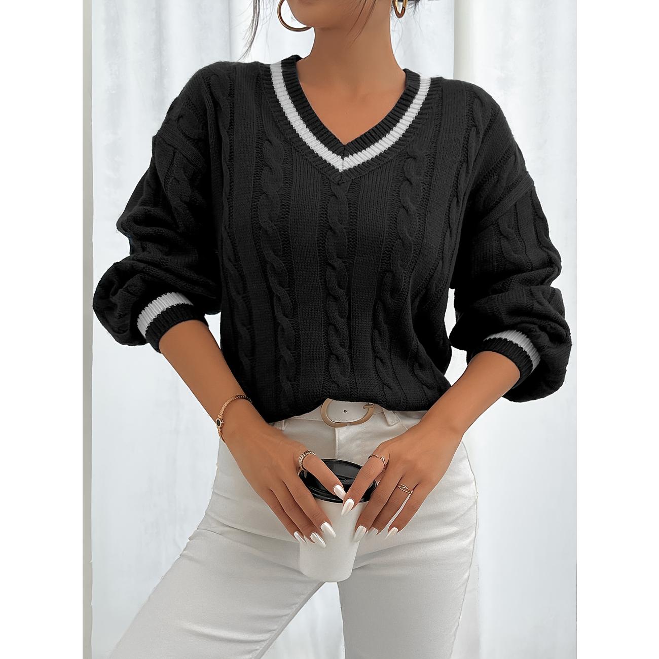 Contrast Trim Cable Knit Sweater, Elegant V Neck Lantern Sleeve Sweater for Fall & Winter, Women s Clothing XL чорний
Contrast Trim Cable Knit Sweater, Elegant V Neck Lantern Sleeve Sweater for Fall & Winter, Women s Clothing XL чорний