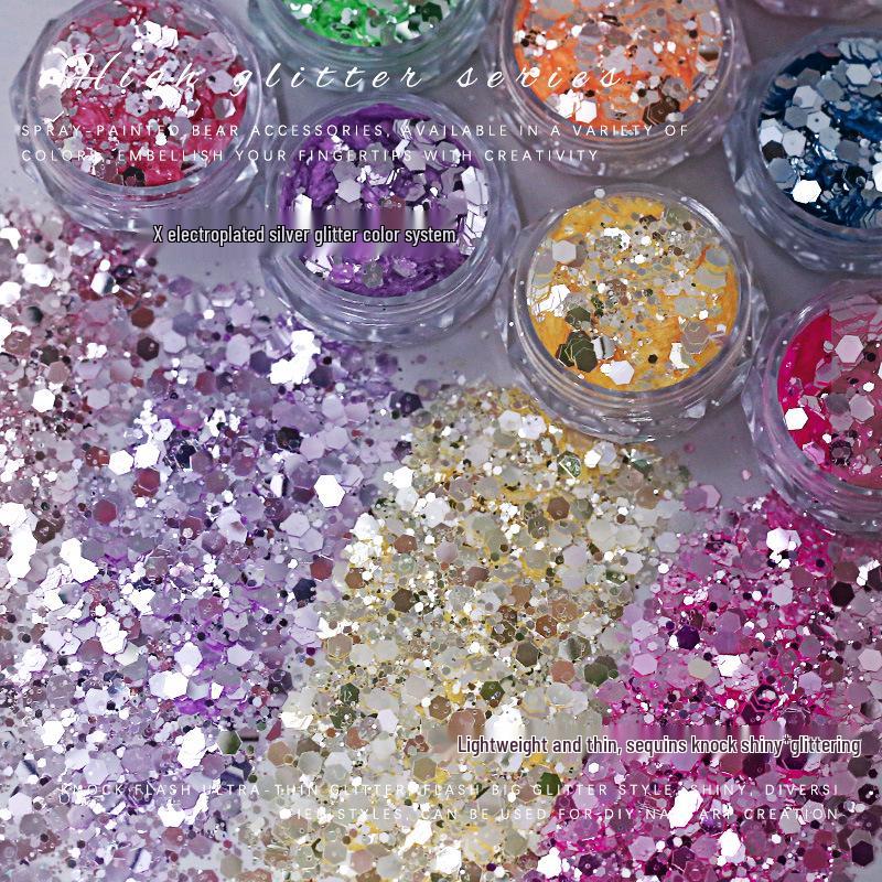 Silver Electroplated Nail Art Decorations: Mixed Glitter Sequins in Coarse and Fine Irregular Hexagons and Rounds.
Silver Electroplated Nail Art Decorations: Mixed Glitter Sequins in Coarse and Fine Irregular Hexagons and Rounds.