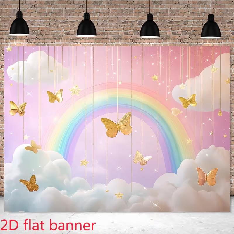 2D Pastel Rainbow Banner, Pink Clouds, Hanging Gold Butterflies and Stars Print Photo Banner 47.2x31.5inch/120*80cm
2D Pastel Rainbow Banner, Pink Clouds, Hanging Gold Butterflies and Stars Print Photo Banner 47.2x31.5inch/120*80cm