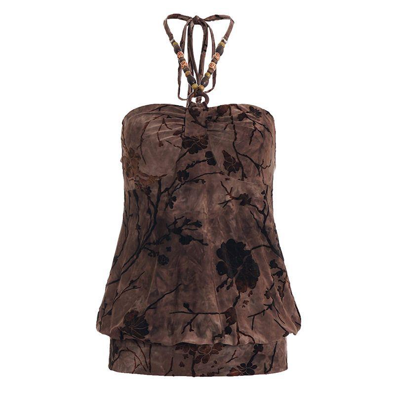 European and American Summer New Arrivals: Retro Style Exotic Beaded Halter Neck Backless Floral Print Sexy Tank Top Brown S
European and American Summer New Arrivals: Retro Style Exotic Beaded Halter Neck Backless Floral Print Sexy Tank Top Brown S