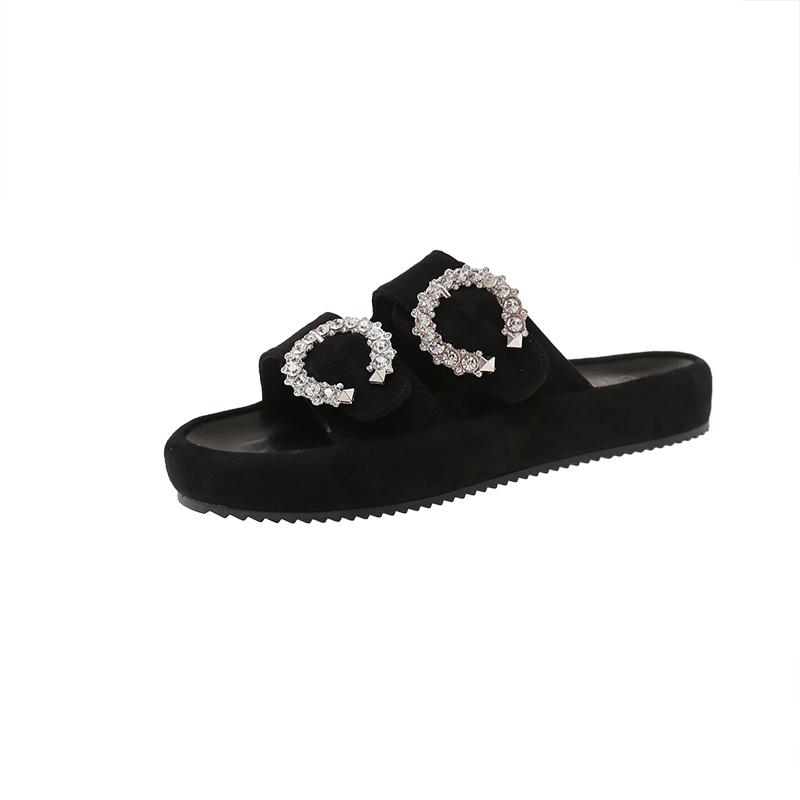 Модные хрустальные металлические шлепанцы с пряжкой, женские модные шлепанцы с круглым носком и открытым носком, фланелевый ремешок-слинг, мягкая подошва, нескользящие, больших размеров, балетки 36 чёрный