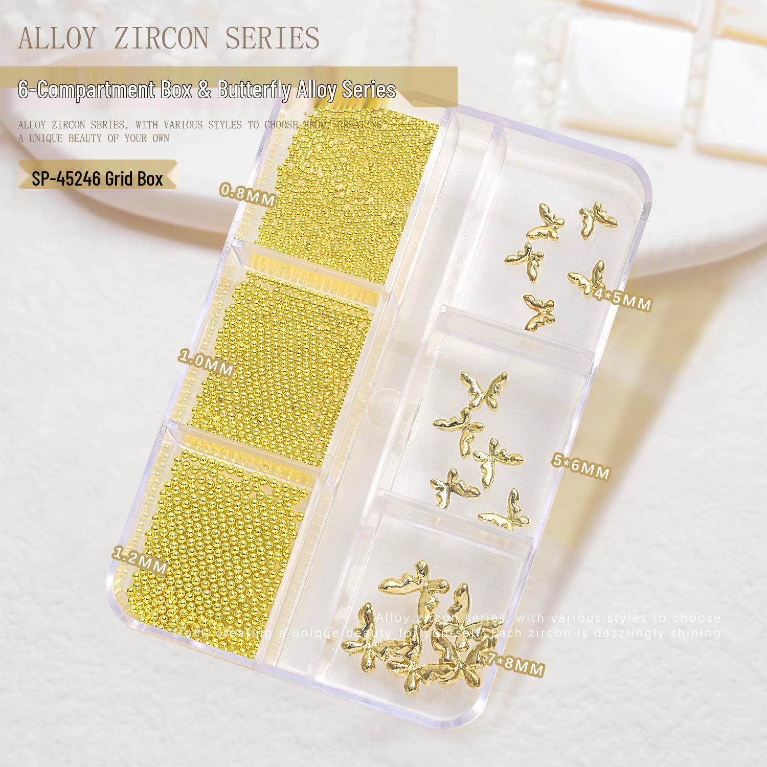 Butterfly Nail Decorations: Gold, Silver, White Steel Beads in 6-Grid Box - Manicure Accessories.
Butterfly Nail Decorations: Gold, Silver, White Steel Beads in 6-Grid Box - Manicure Accessories.