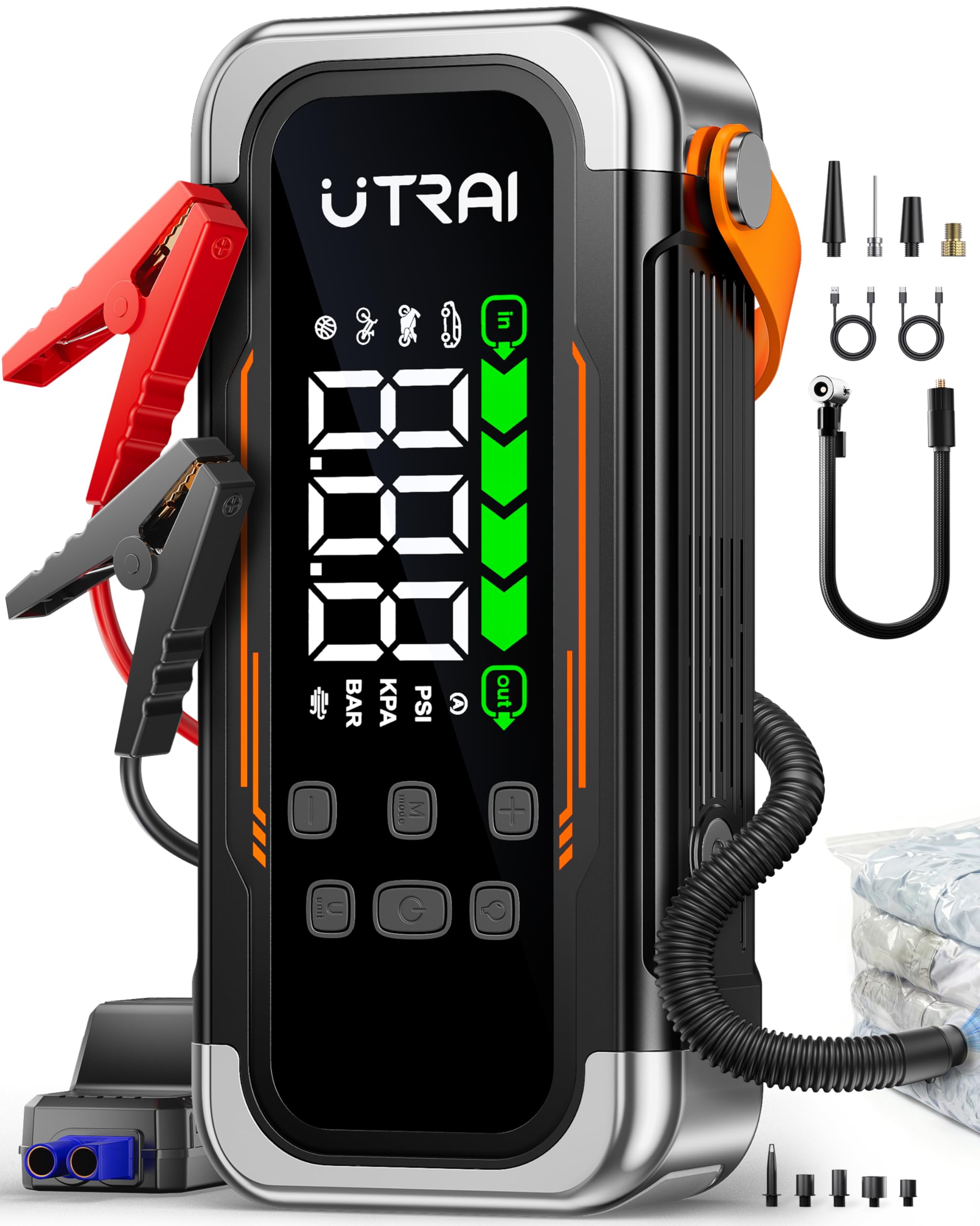 UTRAI Jump Starter 5000A: Air pump (for large tires) + suction function, 12V car starter, PD30W fast charging, LED light, PSE certified.
UTRAI Jump Starter 5000A: Air pump (for large tires) + suction function, 12V car starter, PD30W fast charging, LED light, PSE certified.