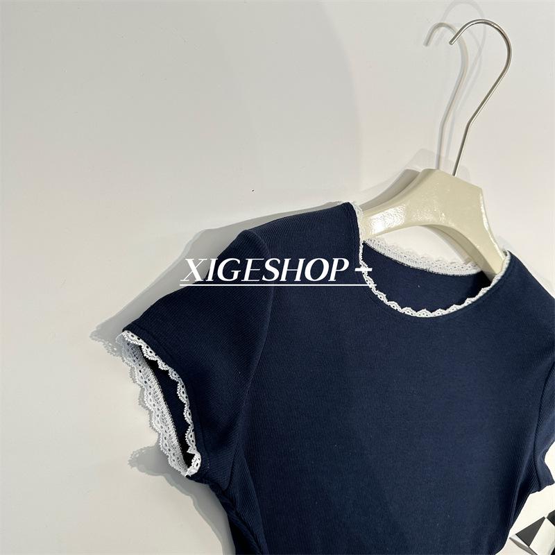 Navy Blue Lace Trim Slim Fit Korean Style Ribbed Stretch Tee, Straight Shoulder Summer T-Shirt Small темно-синий
Navy Blue Lace Trim Slim Fit Korean Style Ribbed Stretch Tee, Straight Shoulder Summer T-Shirt Small темно-синий