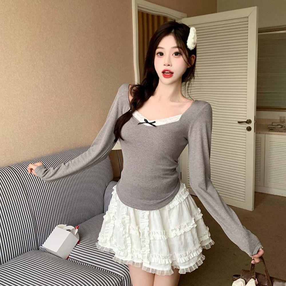V-neck Lace Splicing Shirts Bow Slim Crop Top Fashion Long Sleeve Tops Women L серый
V-neck Lace Splicing Shirts Bow Slim Crop Top Fashion Long Sleeve Tops Women L серый