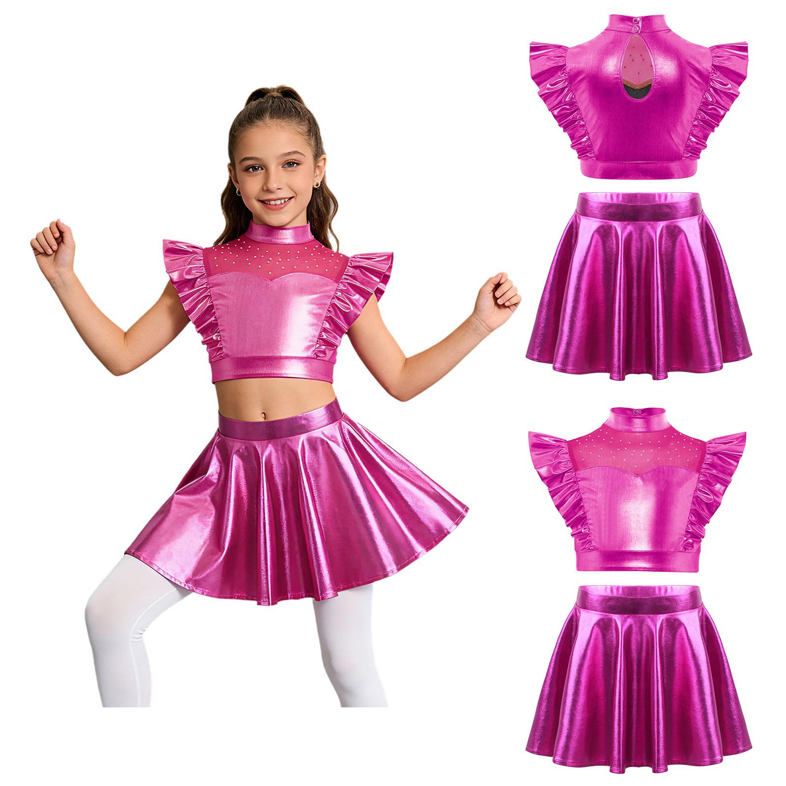 Kids Girls Jazz Dance Outfit Mock Neck Rhinestone Mesh Patchwork Sleeveless Metallic Ruffle Crop Top with Elastic Waistband Shiny Flared Skirt 7-8 Years
Kids Girls Jazz Dance Outfit Mock Neck Rhinestone Mesh Patchwork Sleeveless Metallic Ruffle Crop Top with Elastic Waistband Shiny Flared Skirt 7-8 Years