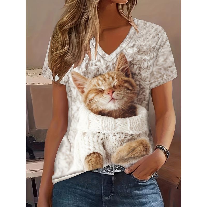 Ladies casual cat pattern V-neck short sleeved T-shirt - loose fit contrasting edge decoration S
Ladies casual cat pattern V-neck short sleeved T-shirt - loose fit contrasting edge decoration S