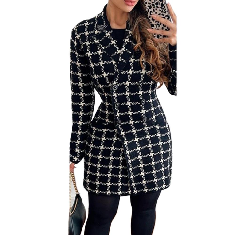 BITCED Осенне-зимнее двубортное пальто с длинным рукавом и воротником-стойкой с принтом для женщин L чёрный