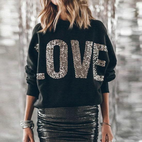 Женский топ с блестками, декором в виде букв, свободный длинный рукав «летучая мышь», с круглым вырезом, соответствующий цвету, пуловер, мягкая женская блузка, осенне-весенняя футболка 
Женский топ с блестками, декором в виде букв, свободный длинный рукав «летучая мышь», с круглым вырезом, соответствующий цвету, пуловер, мягкая женская блузка, осенне-весенняя футболка
