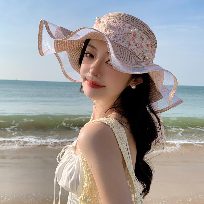Шляпа женская милая жемчужная кружевная соломенная шляпа с лентой летняя морская шляпа с большими полями для отдыха на природе шляпа от солнца one size