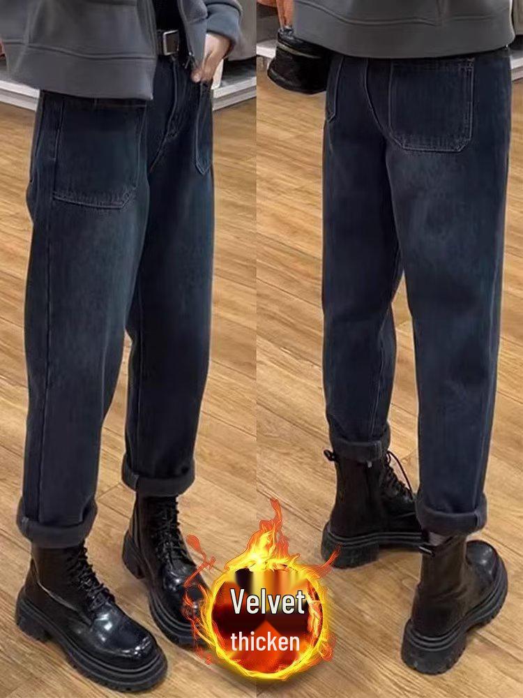 Женские ретро джинсы гаремы на флисовой подкладке - Большой размер, Осень/Зима 2024, Стиль Гонконга, Свободный крой, Модные и Стройнящие S