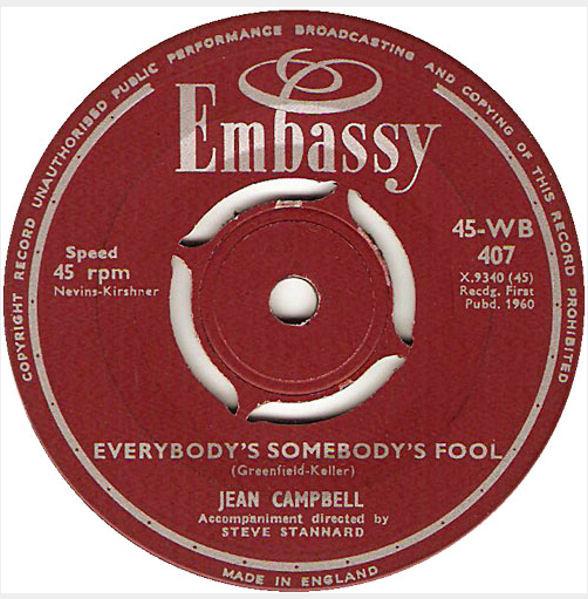 7-дюймовая пластинка JEAN CAMPBELL Everybodys Somebodys Fool 45WB407 Embassy 1960 UK Поп Б/у
7-дюймовая пластинка JEAN CAMPBELL Everybodys Somebodys Fool 45WB407 Embassy 1960 UK Поп Б/у