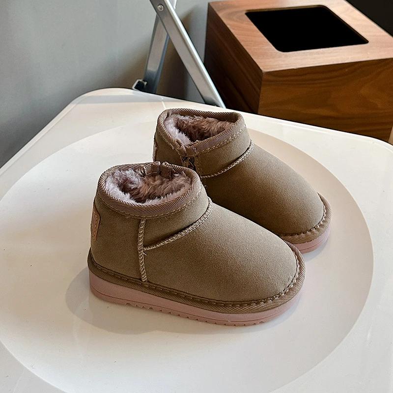 Детские теплые ботинки с толстым мехом, детские зимние ботинки, нескользящие, зимние новые модные ботинки для мальчиков и девочек с боковой молнией 2024 года 22 хаки