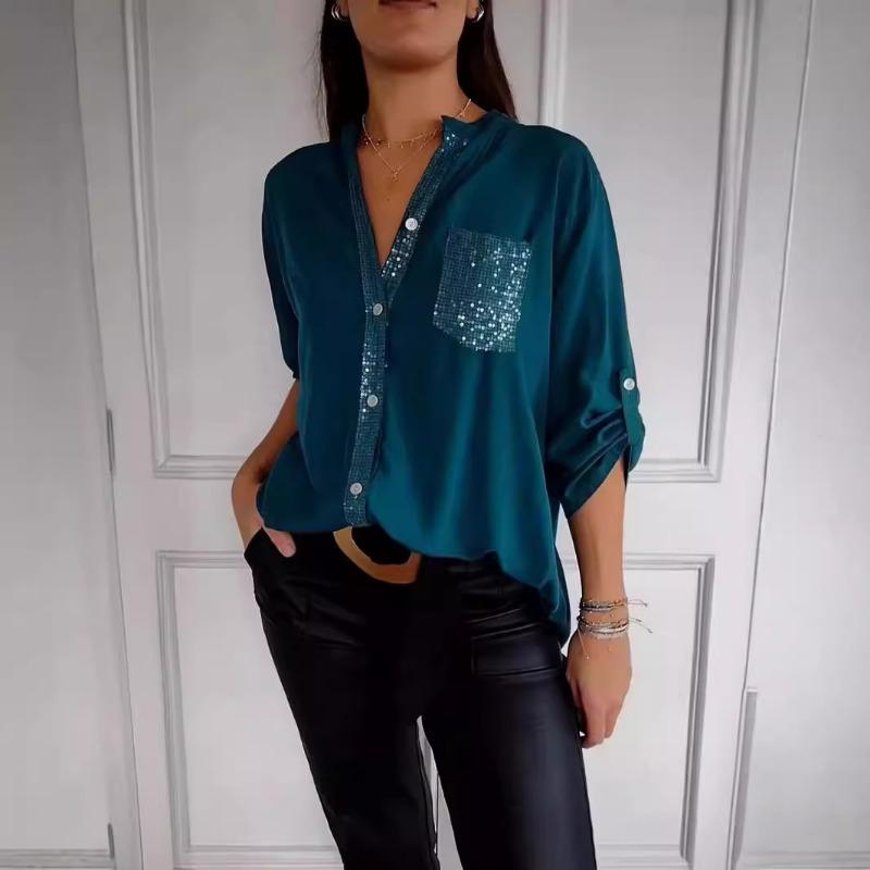 Women s Black Sequin Trim Long Sleeve Button Down Shirt S зелёный
Women s Black Sequin Trim Long Sleeve Button Down Shirt S зелёный