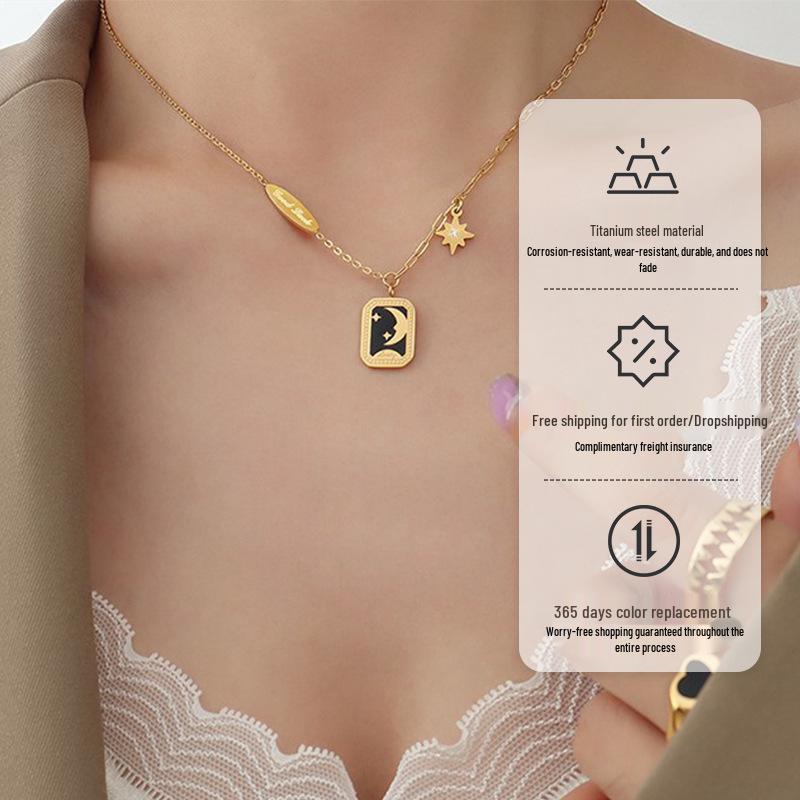 French Retro Star & Moon Square Plate Necklace, Titanium Steel, Black Gold, Non-Fading Clavicle Chain, Women s Jewelry
French Retro Star & Moon Square Plate Necklace, Titanium Steel, Black Gold, Non-Fading Clavicle Chain, Women s Jewelry