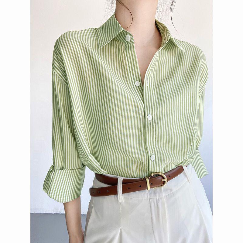 French Style Green Stripes Shirt Ladies Autumn Clothes Long Sleeves Stylish Niche Shirt Fancy Chic Tops Professional Green Stripes S
French Style Green Stripes Shirt Ladies Autumn Clothes Long Sleeves Stylish Niche Shirt Fancy Chic Tops Professional Green Stripes S