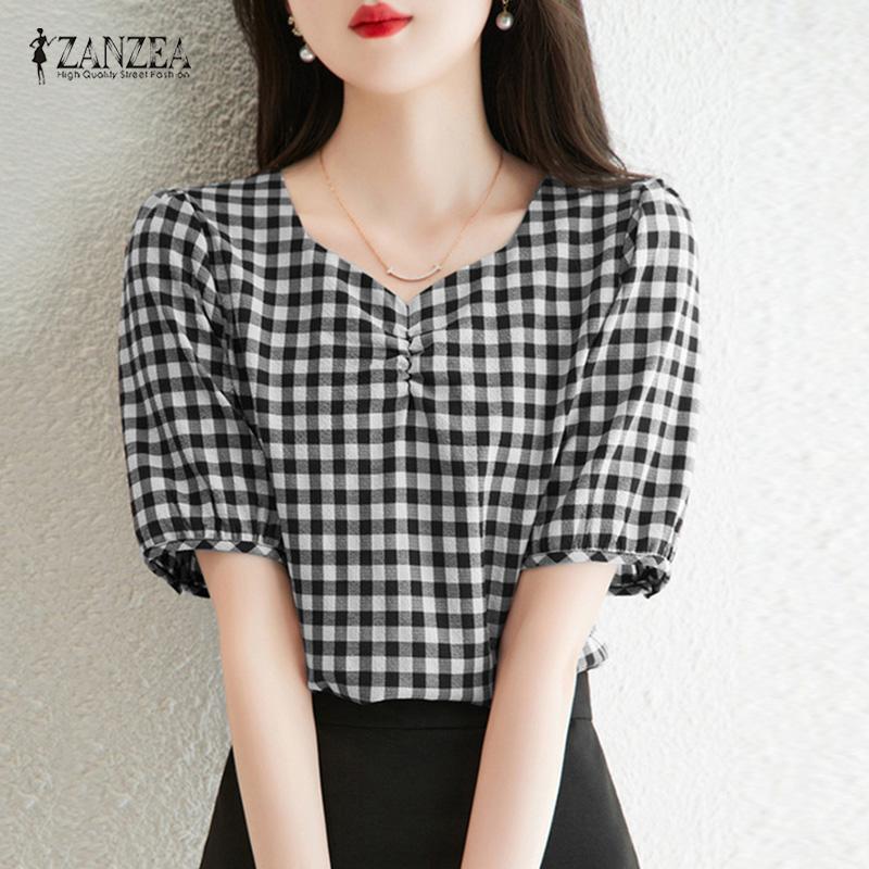 ZANZEA Женская повседневная летняя блузка с коротким рукавом и клетчатым принтом, топы
ZANZEA Женская повседневная летняя блузка с коротким рукавом и клетчатым принтом, топы
