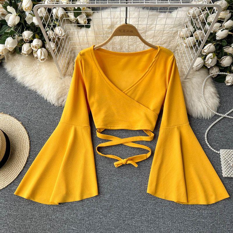 Shoelace V-neck Sexy Midriff-Baring Long Sleeve T-shirt Tops Drawstring Yellow One size
Shoelace V-neck Sexy Midriff-Baring Long Sleeve T-shirt Tops Drawstring Yellow One size