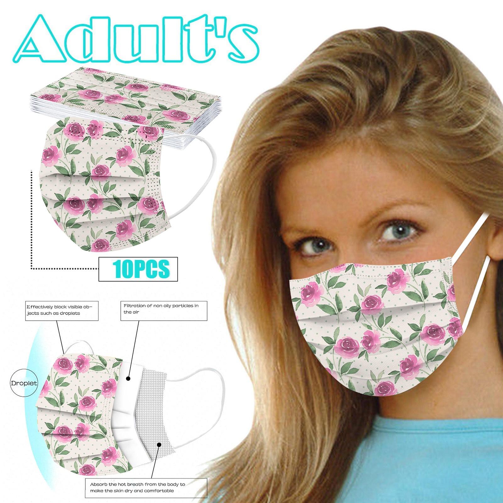 10 шт. одноразовая рождественская маска для взрослых с цветочным принтом, 3-слойная маска для лица с серьгами